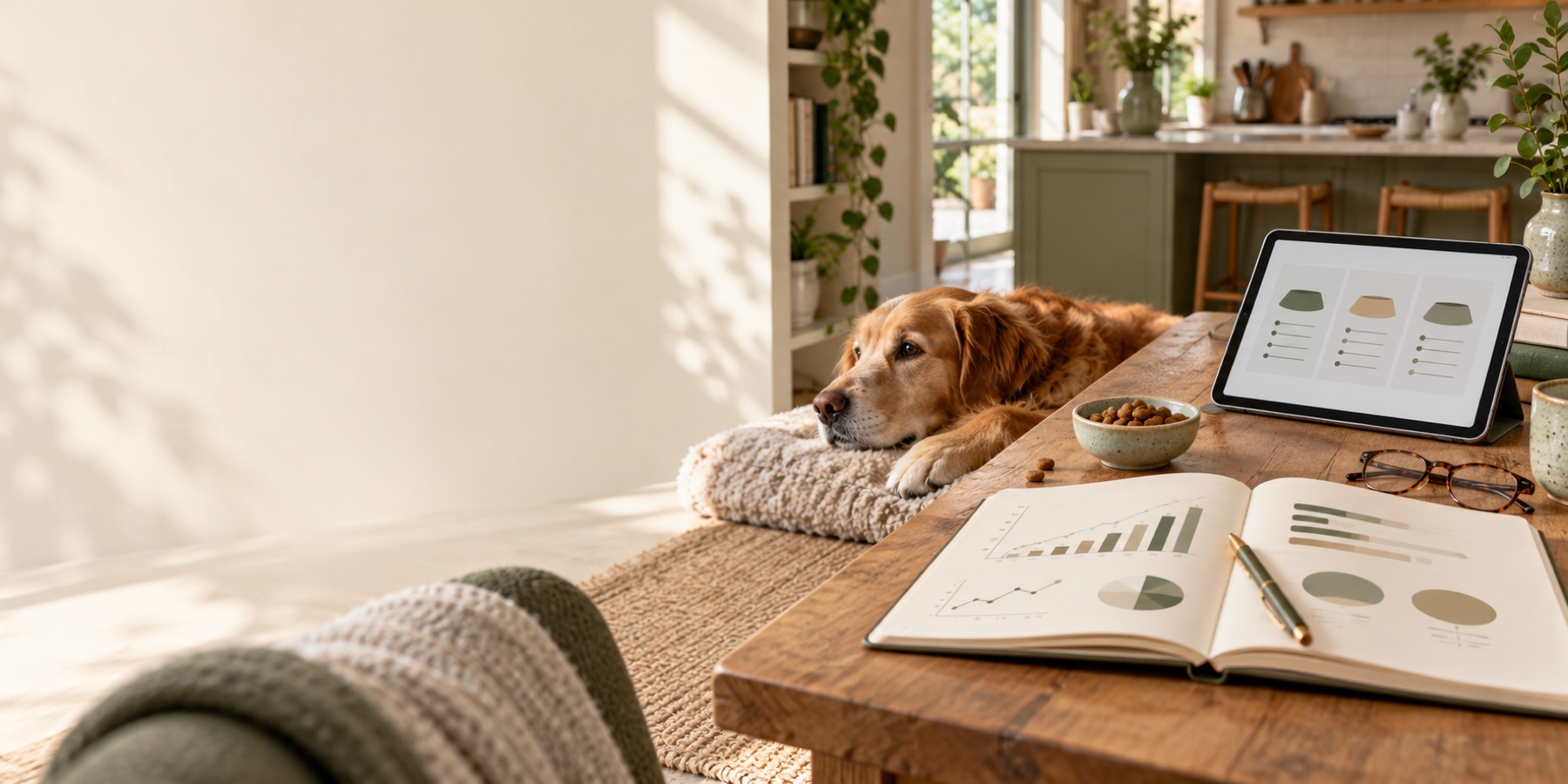 Dog beside an open research notebook and dry dog food comparison on a tablet