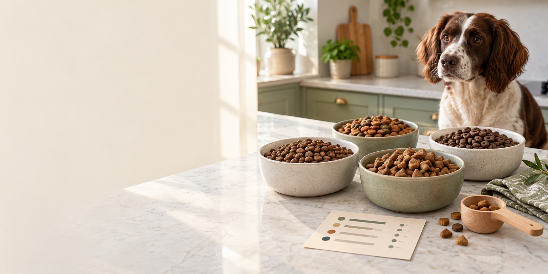 Four bowls of dry dog food arranged for comparison beside a dog