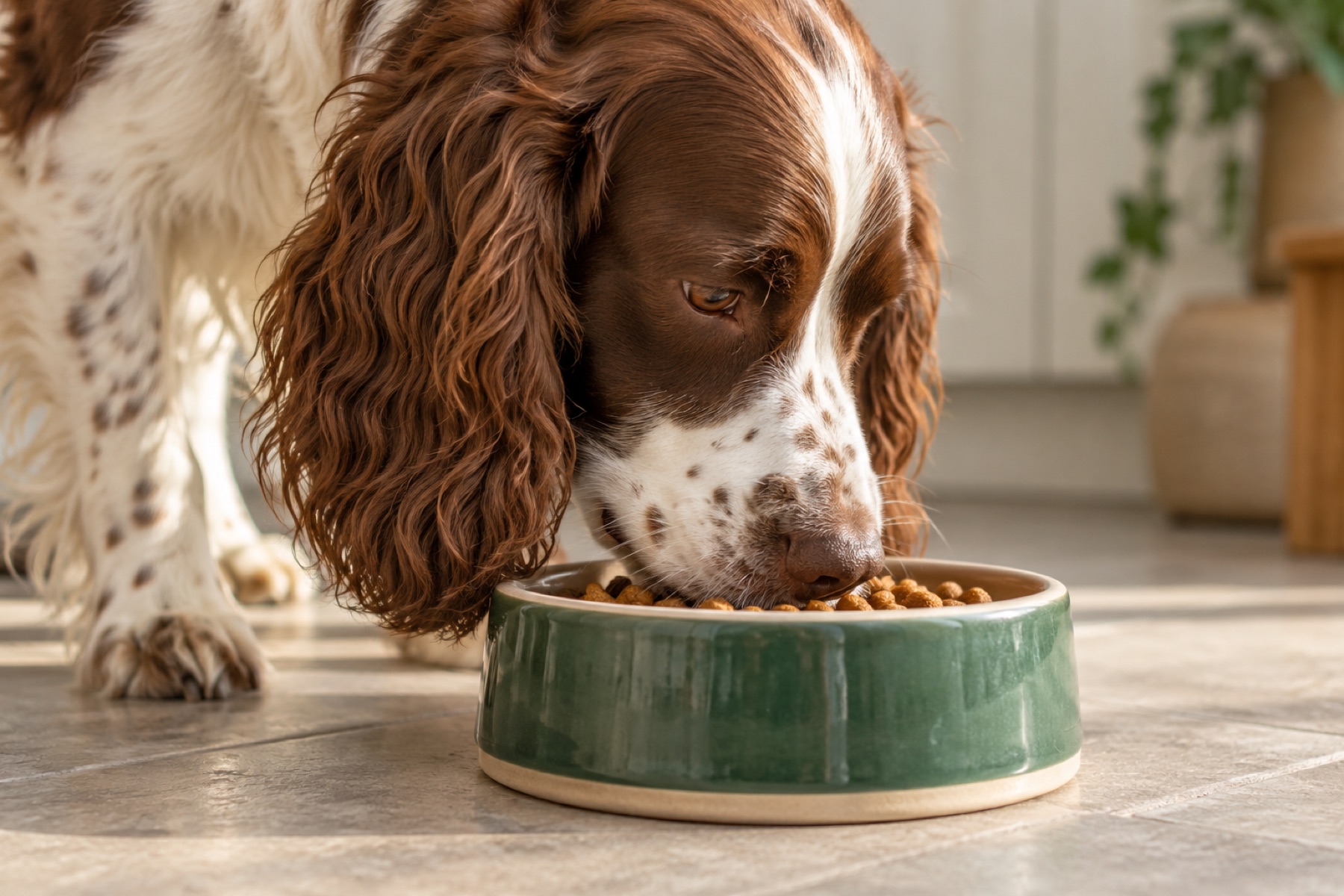 Spaniel eating dry kibble from a ceramic bowl