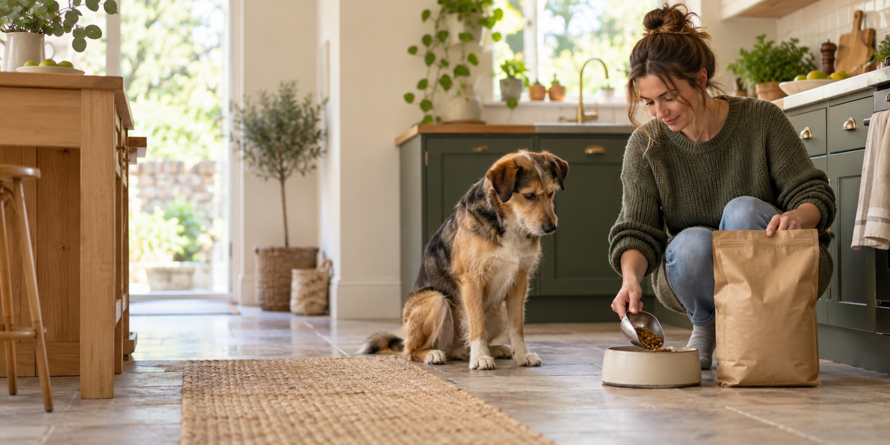 Dog owner measuring dry kibble into a bowl while her dog waits in the kitchen