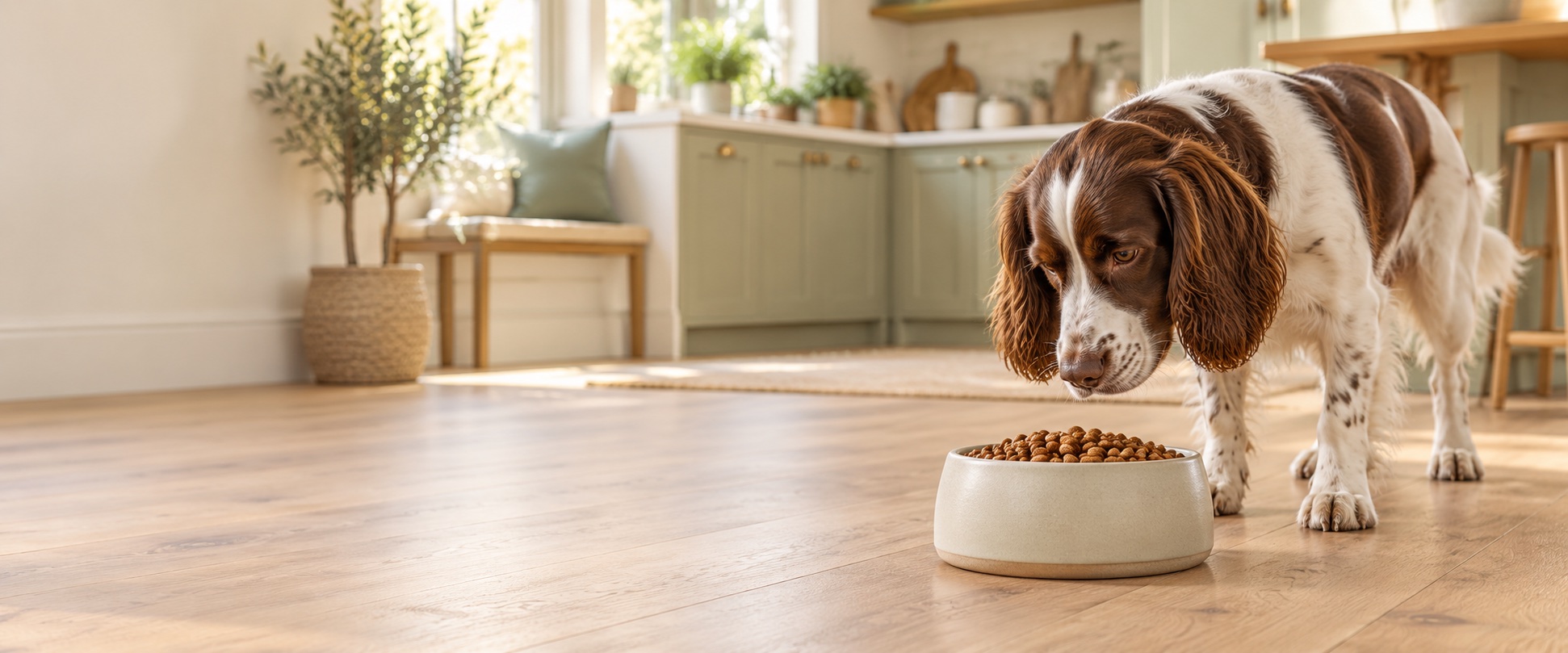 Dog beside a bowl of dry kibble in a bright kitchen