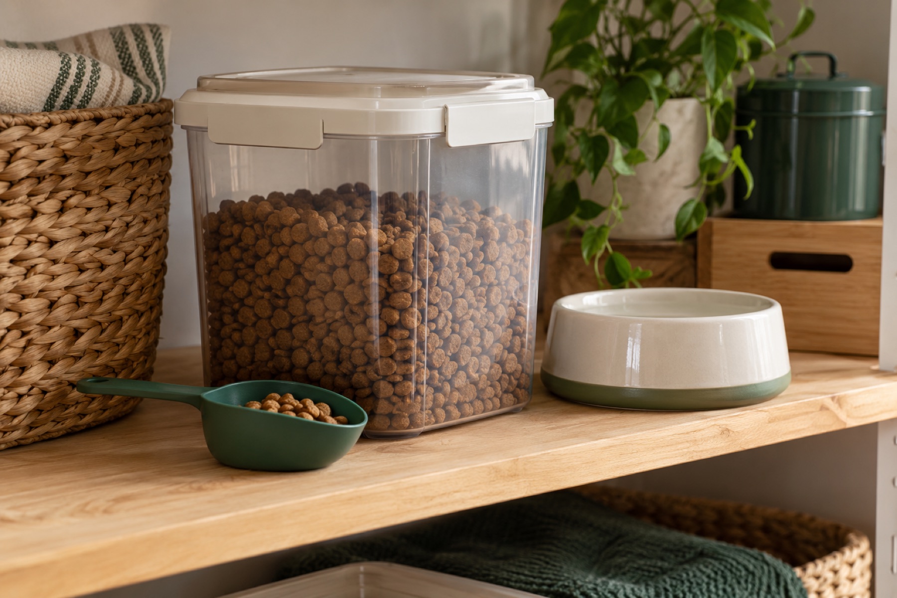 Dry dog food stored in a sealed container beside a scoop and ceramic bowl